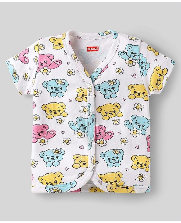 Babyhug 100% Cotton Interlock Knit Front Open Half Sleeves jhablas With Bear & Polka Dots Print Pack Of 3 - Pink Yellow & White