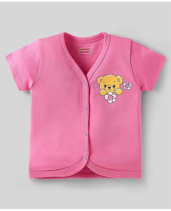 Babyhug 100% Cotton Interlock Knit Front Open Half Sleeves jhablas With Bear & Polka Dots Print Pack Of 3 - Pink Yellow & White