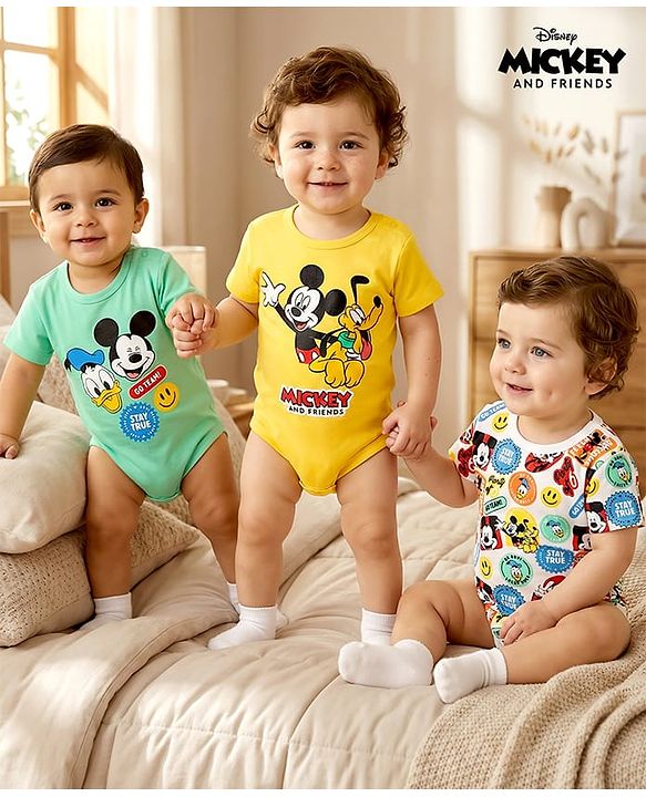Babyhug Disney Interlock Knit Half Sleeves Oneises With Mickey Mouse And Family Graphic Pack Of 3 - Light Green White & Yellow