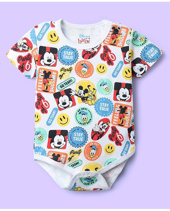 Babyhug Disney Interlock Knit Half Sleeves Oneises With Mickey Mouse And Family Graphic Pack Of 3 - Light Green White & Yellow