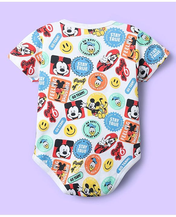 Babyhug Disney Interlock Knit Half Sleeves Oneises With Mickey Mouse And Family Graphic Pack Of 3 - Light Green White & Yellow