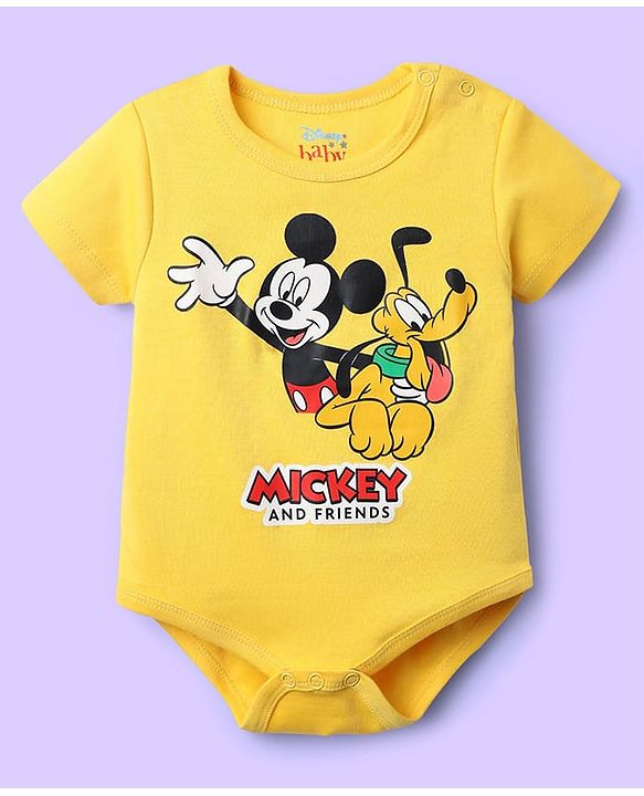 Babyhug Disney Interlock Knit Half Sleeves Oneises With Mickey Mouse And Family Graphic Pack Of 3 - Light Green White & Yellow