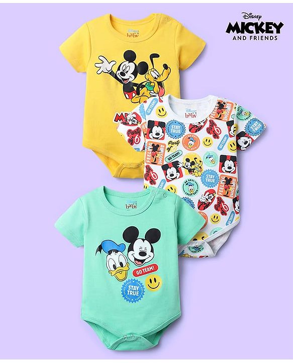 Babyhug Disney Interlock Knit Half Sleeves Oneises With Mickey Mouse And Family Graphic Pack Of 3 - Light Green White & Yellow