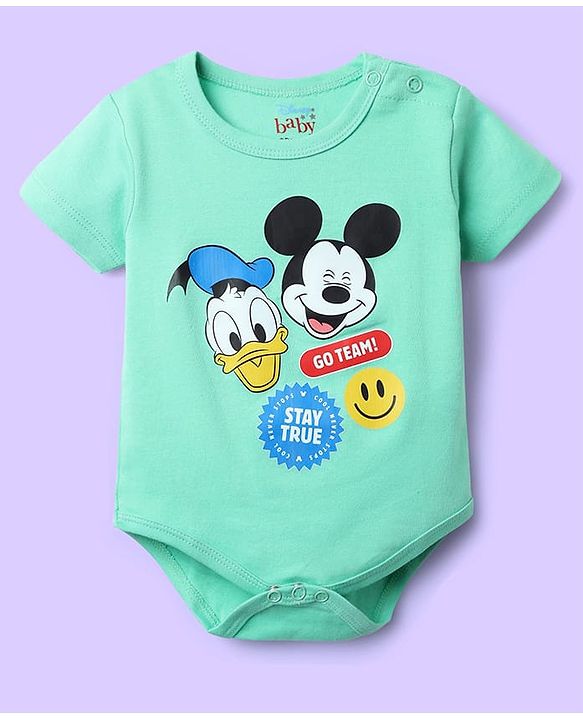 Babyhug Disney Interlock Knit Half Sleeves Oneises With Mickey Mouse And Family Graphic Pack Of 3 - Light Green White & Yellow