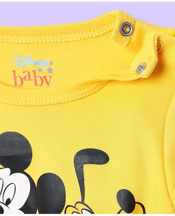 Babyhug Disney Interlock Knit Half Sleeves Oneises With Mickey Mouse And Family Graphic Pack Of 3 - Light Green White & Yellow