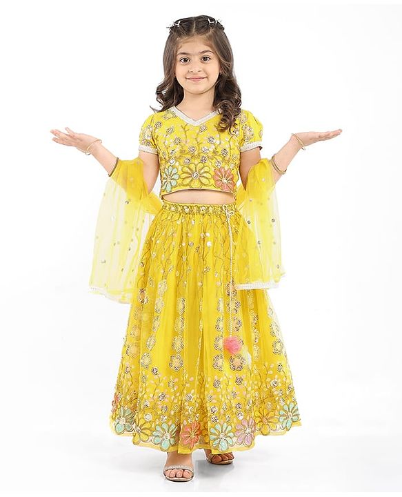 Babyhug Woven Half Sleeves Choli Lehenga Set And Dupatta With Sequin Floral Embroidery & Lace Detailing - Yellow