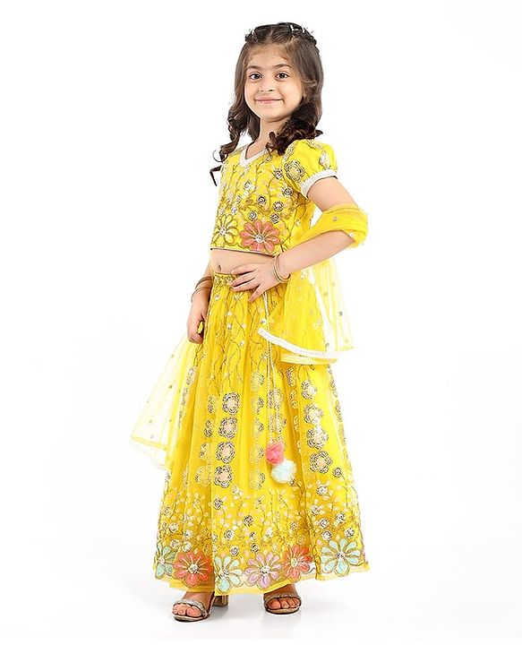 Babyhug Woven Half Sleeves Choli Lehenga Set And Dupatta With Sequin Floral Embroidery & Lace Detailing - Yellow