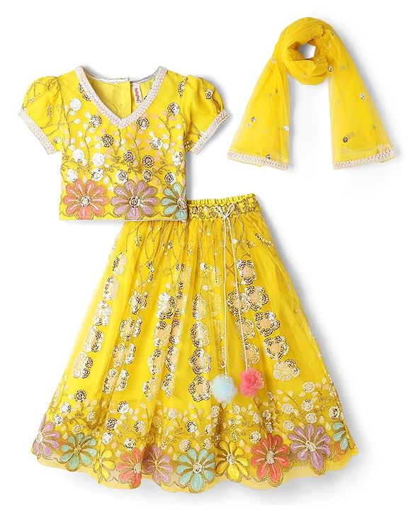Babyhug Woven Half Sleeves Choli Lehenga Set And Dupatta With Sequin Floral Embroidery & Lace Detailing - Yellow