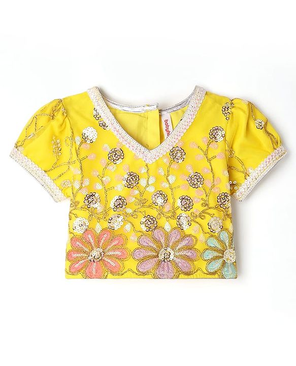 Babyhug Woven Half Sleeves Choli Lehenga Set And Dupatta With Sequin Floral Embroidery & Lace Detailing - Yellow