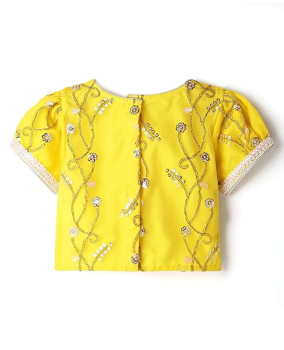 Babyhug Woven Half Sleeves Choli Lehenga Set And Dupatta With Sequin Floral Embroidery & Lace Detailing - Yellow