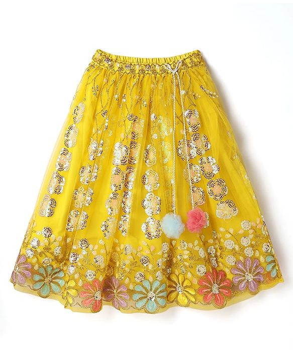 Babyhug Woven Half Sleeves Choli Lehenga Set And Dupatta With Sequin Floral Embroidery & Lace Detailing - Yellow
