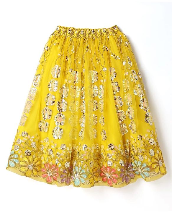 Babyhug Woven Half Sleeves Choli Lehenga Set And Dupatta With Sequin Floral Embroidery & Lace Detailing - Yellow