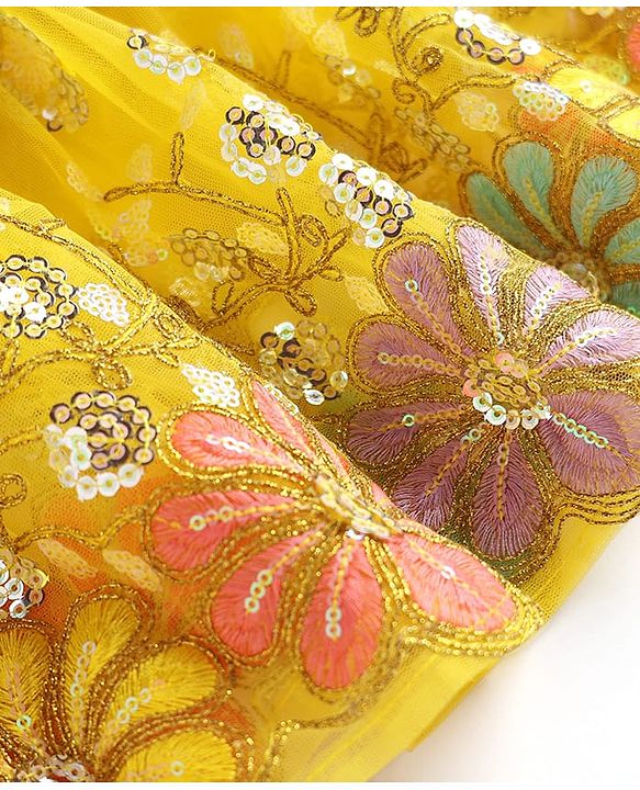 Babyhug Woven Half Sleeves Choli Lehenga Set And Dupatta With Sequin Floral Embroidery & Lace Detailing - Yellow