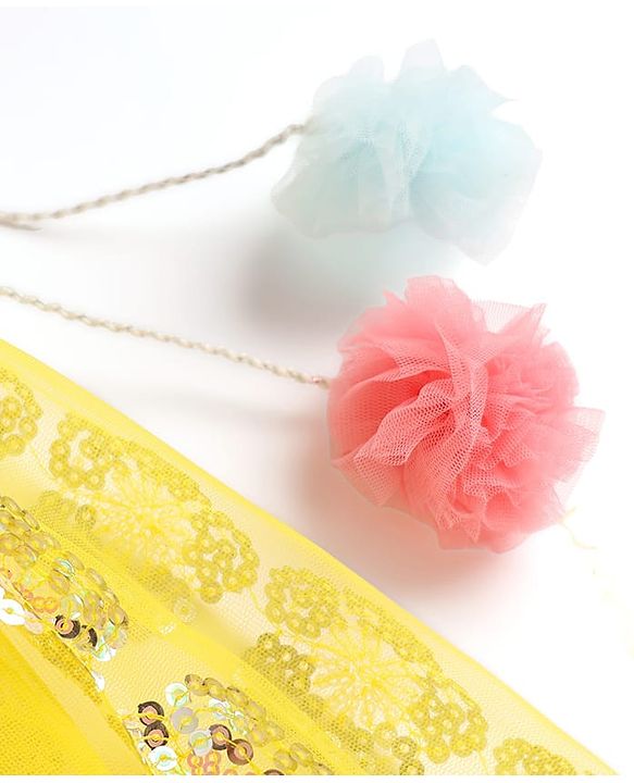Babyhug Woven Half Sleeves Choli Lehenga Set And Dupatta With Sequin Floral Embroidery & Lace Detailing - Yellow