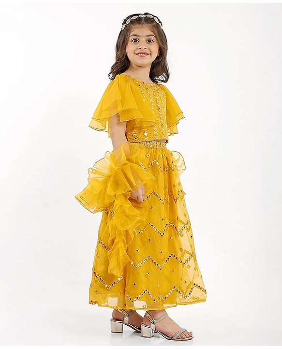 Babyhug Woven Flutter Sleeves Choli Lehenga Set With Dupatta Embroidery And Mirror Work- Mustard