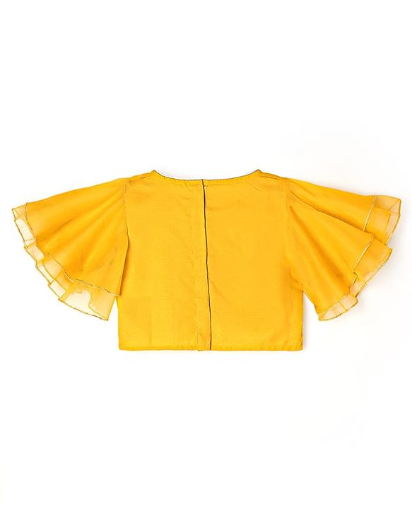 Babyhug Woven Flutter Sleeves Choli Lehenga Set With Dupatta Embroidery And Mirror Work- Mustard