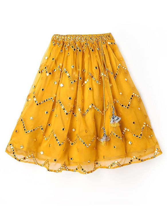 Babyhug Woven Flutter Sleeves Choli Lehenga Set With Dupatta Embroidery And Mirror Work- Mustard