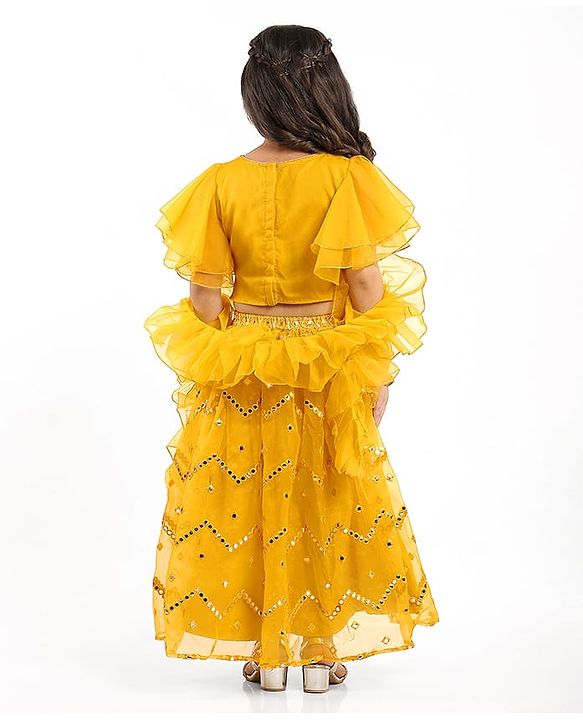 Babyhug Woven Flutter Sleeves Choli Lehenga Set With Dupatta Embroidery And Mirror Work- Mustard