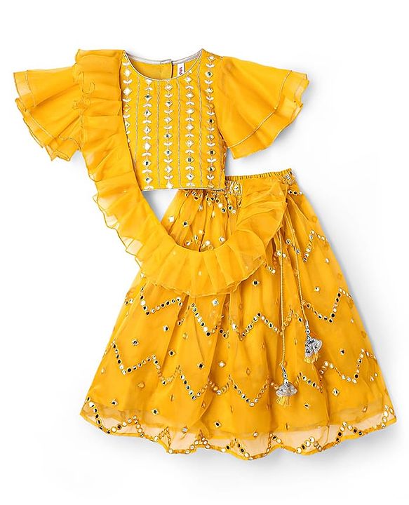 Babyhug Woven Flutter Sleeves Choli Lehenga Set With Dupatta Embroidery And Mirror Work- Mustard
