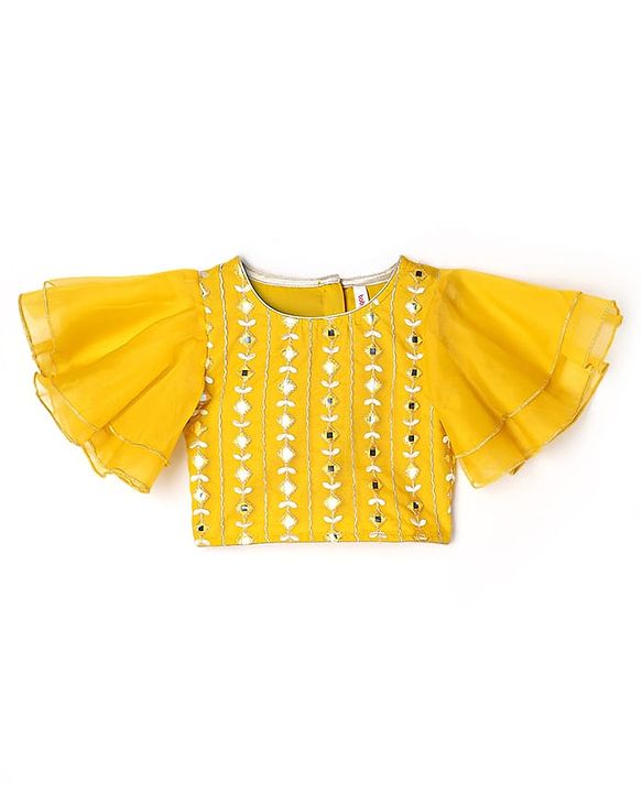 Babyhug Woven Flutter Sleeves Choli Lehenga Set With Dupatta Embroidery And Mirror Work- Mustard