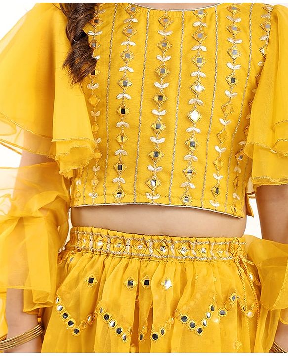 Babyhug Woven Flutter Sleeves Choli Lehenga Set With Dupatta Embroidery And Mirror Work- Mustard