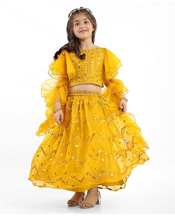 Babyhug Woven Flutter Sleeves Choli Lehenga Set With Dupatta Embroidery And Mirror Work- Mustard