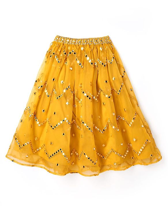Babyhug Woven Flutter Sleeves Choli Lehenga Set With Dupatta Embroidery And Mirror Work- Mustard