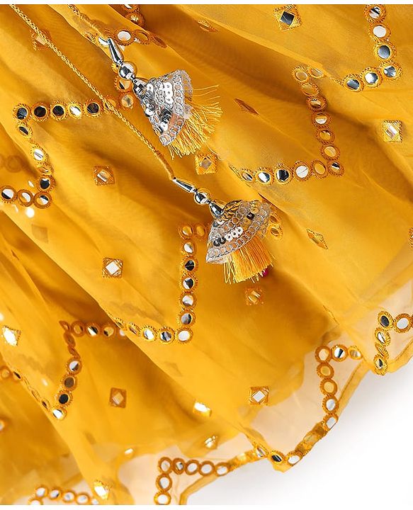 Babyhug Woven Flutter Sleeves Choli Lehenga Set With Dupatta Embroidery And Mirror Work- Mustard