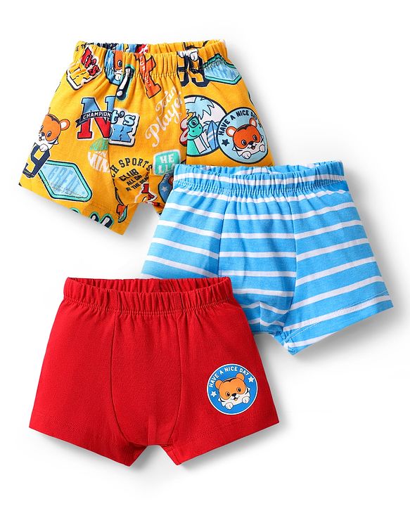 Babyhug 100% Cotton Single Jersey Knit Trunk With Stripes & Animal Print Pack Of 3 - Red Light Blue & Yellow