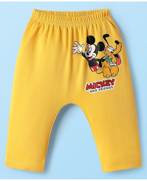 Babyhug Disney Interlock Knit Full Length Diaper Leggings with Mickey & Friends Graphic Pack of 3 - White Yellow & Light Green