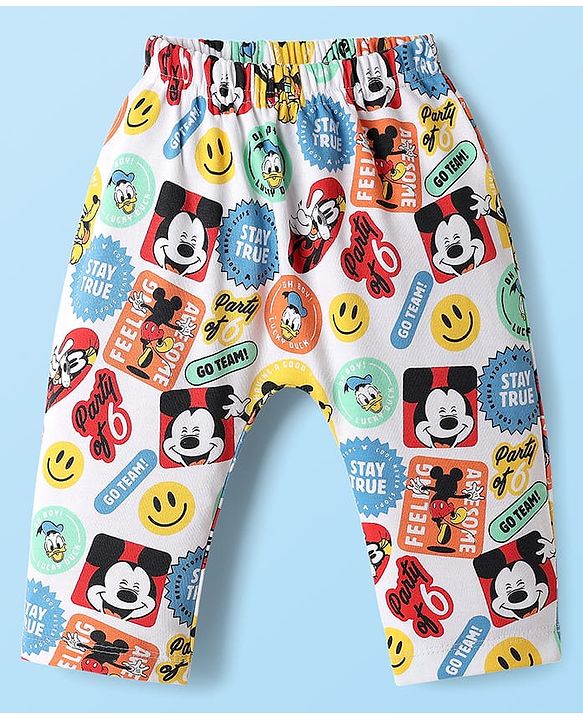 Babyhug Disney Interlock Knit Full Length Diaper Leggings with Mickey & Friends Graphic Pack of 3 - White Yellow & Light Green