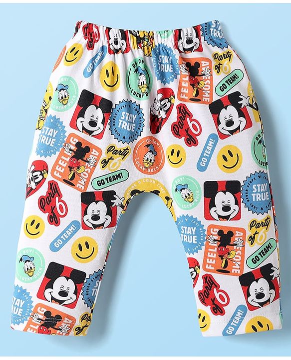 Babyhug Disney Interlock Knit Full Length Diaper Leggings with Mickey & Friends Graphic Pack of 3 - White Yellow & Light Green