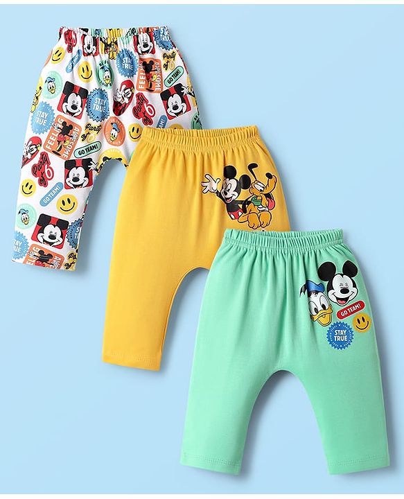 Babyhug Disney Interlock Knit Full Length Diaper Leggings with Mickey & Friends Graphic Pack of 3 - White Yellow & Light Green