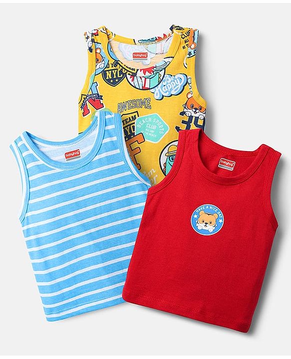 Babyhug 100% Cotton Single Jersey Knit Sleeveless Vests With Stripes & Animal Print Pack Of 3 - Red Light Blue & Yellow
