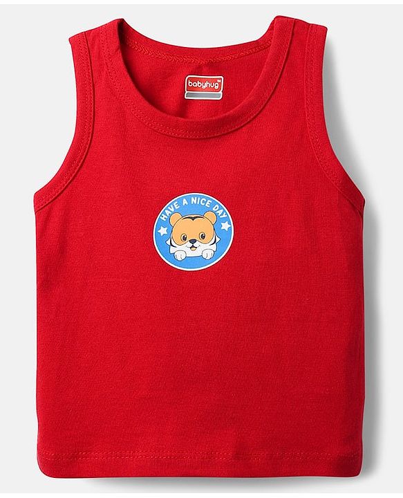 Babyhug 100% Cotton Single Jersey Knit Sleeveless Vests With Stripes & Animal Print Pack Of 3 - Red Light Blue & Yellow