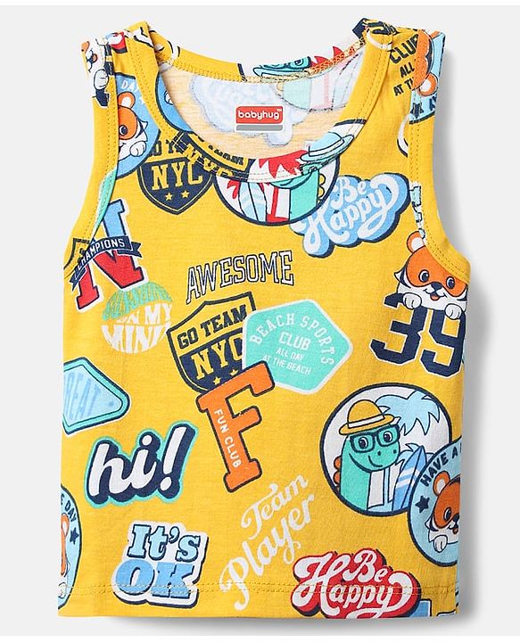Babyhug 100% Cotton Single Jersey Knit Sleeveless Vests With Stripes & Animal Print Pack Of 3 - Red Light Blue & Yellow