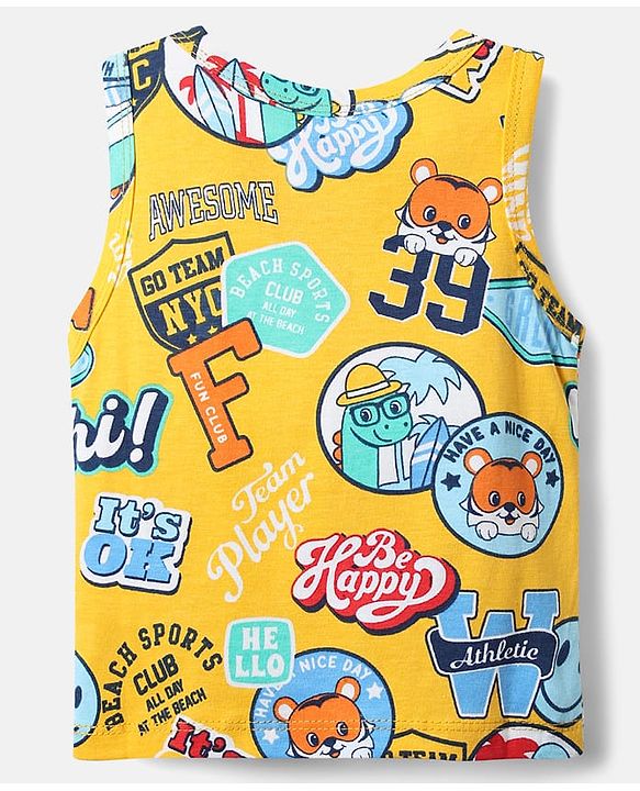 Babyhug 100% Cotton Single Jersey Knit Sleeveless Vests With Stripes & Animal Print Pack Of 3 - Red Light Blue & Yellow