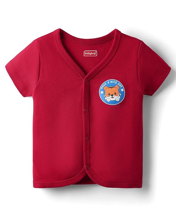 Babyhug 100% Cotton Knit Half Sleeves Front Open Jhablas With Stripes & Animal Print Pack Of 3 - Red & Yellow