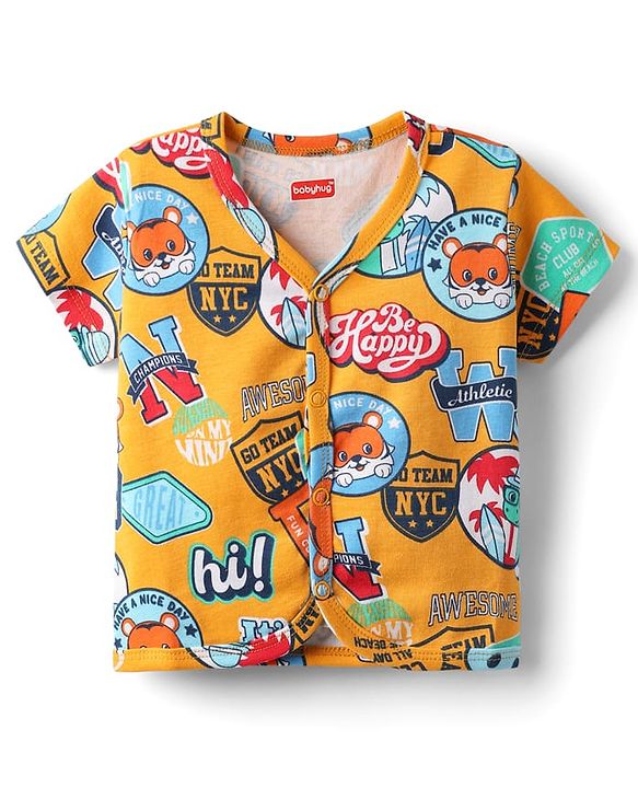 Babyhug 100% Cotton Knit Half Sleeves Front Open Jhablas With Stripes & Animal Print Pack Of 3 - Red & Yellow