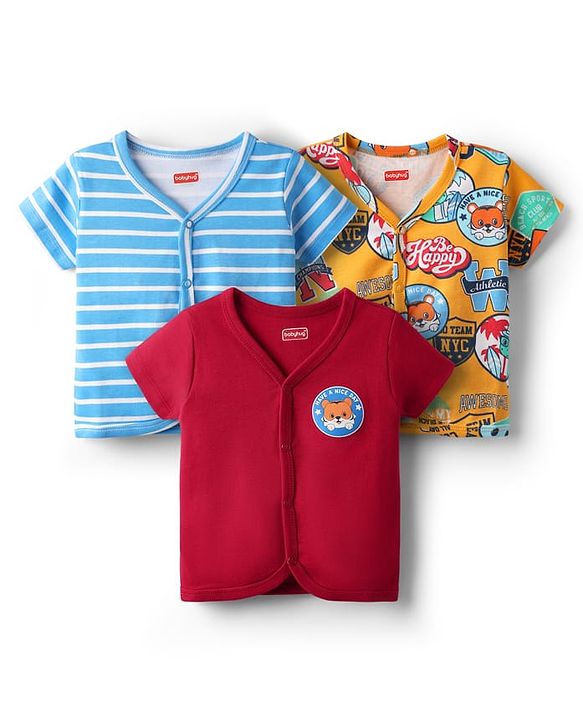 Babyhug 100% Cotton Knit Half Sleeves Front Open Jhablas With Stripes & Animal Print Pack Of 3 - Red & Yellow