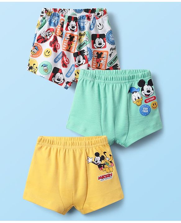 Babyhug Disney Single Jersey Knit Trunks With Mickey & Friends Graphics Pack of 3 - Yellow White & Sea Green