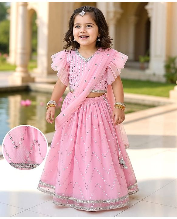 Babyhug Woven Frill Sleeves Choli Lehenga Set With Sequin Detailing & Dupatta - Pink