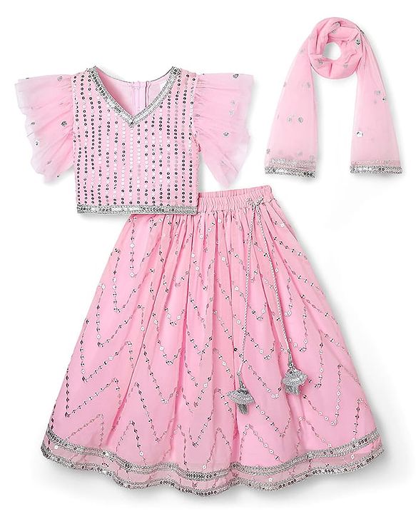 Babyhug Woven Frill Sleeves Choli Lehenga Set With Sequin Detailing & Dupatta - Pink