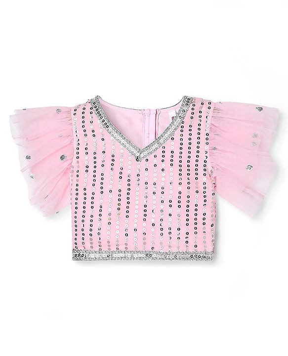 Babyhug Woven Frill Sleeves Choli Lehenga Set With Sequin Detailing & Dupatta - Pink