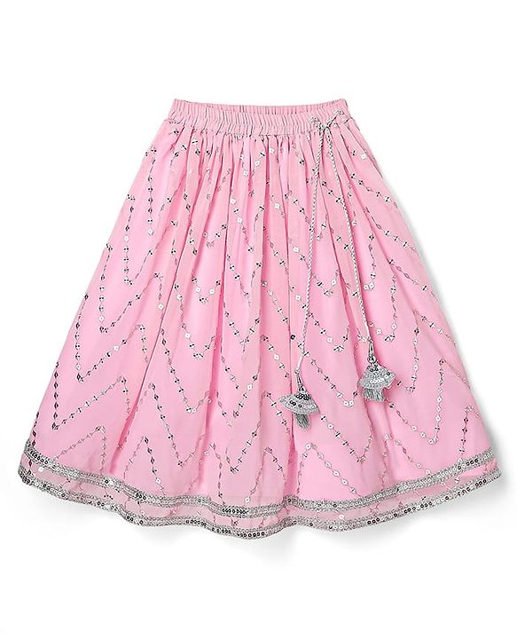 Babyhug Woven Frill Sleeves Choli Lehenga Set With Sequin Detailing & Dupatta - Pink