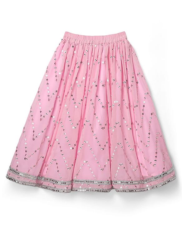 Babyhug Woven Frill Sleeves Choli Lehenga Set With Sequin Detailing & Dupatta - Pink