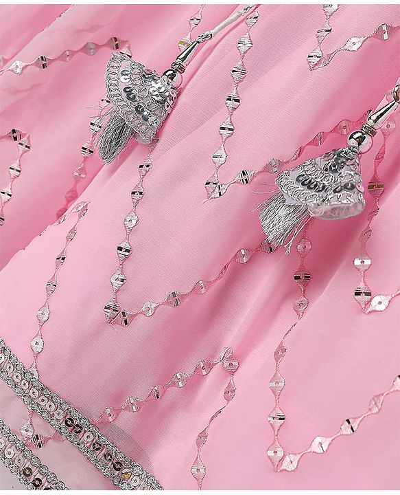 Babyhug Woven Frill Sleeves Choli Lehenga Set With Sequin Detailing & Dupatta - Pink