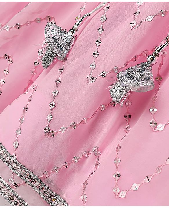 Babyhug Woven Frill Sleeves Choli Lehenga Set With Sequin Detailing & Dupatta - Pink