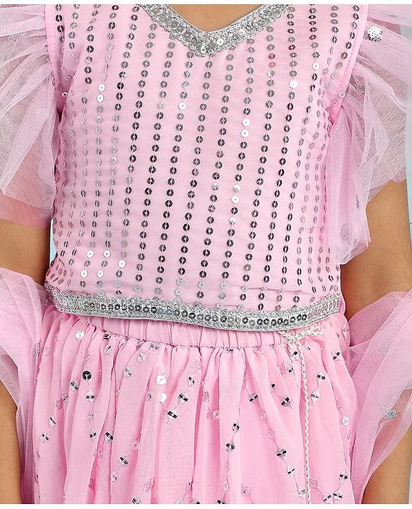 Babyhug Woven Frill Sleeves Choli Lehenga Set With Sequin Detailing & Dupatta - Pink