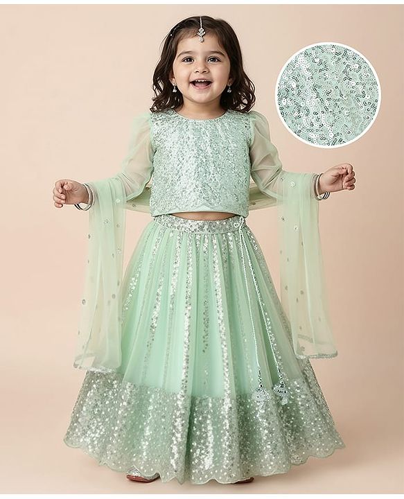 Babyhug Woven Three Fourth  Sleeves Choli And Lehenga Set With Dupatta  And Sequins Work With Lace Detailing - Mint